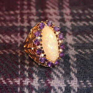 Faux Opal Purple and White Rhinestone Cocktail Gold Tone Ring